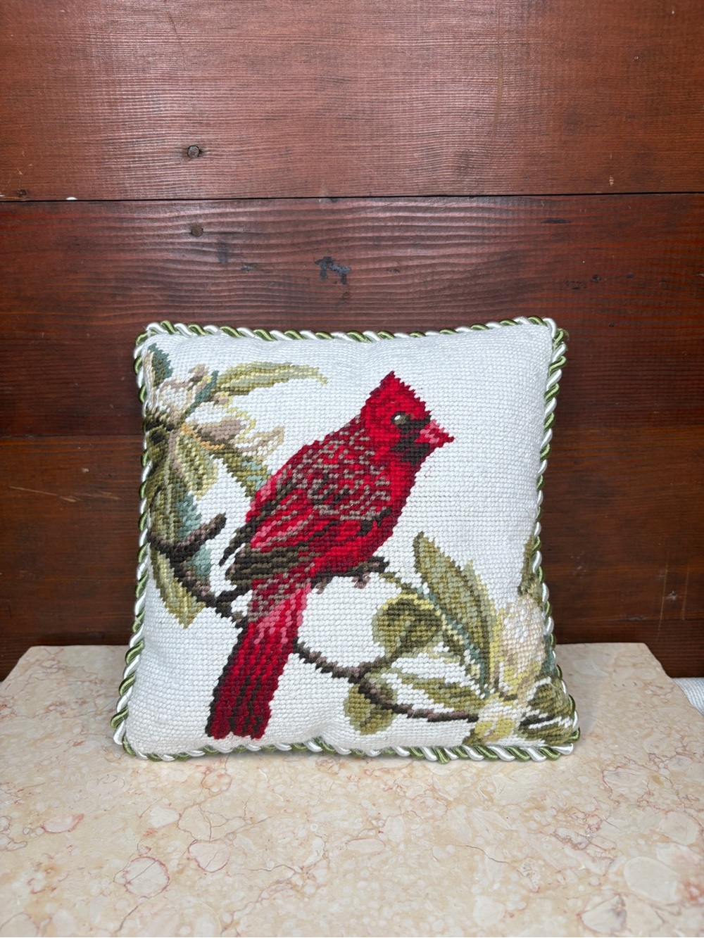 Vintage Crewel Needlepoint Cardinal Decorative Pillow Green Velour Back